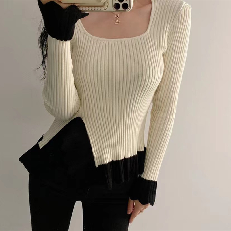Splice bottoming tops retro square collar sweater