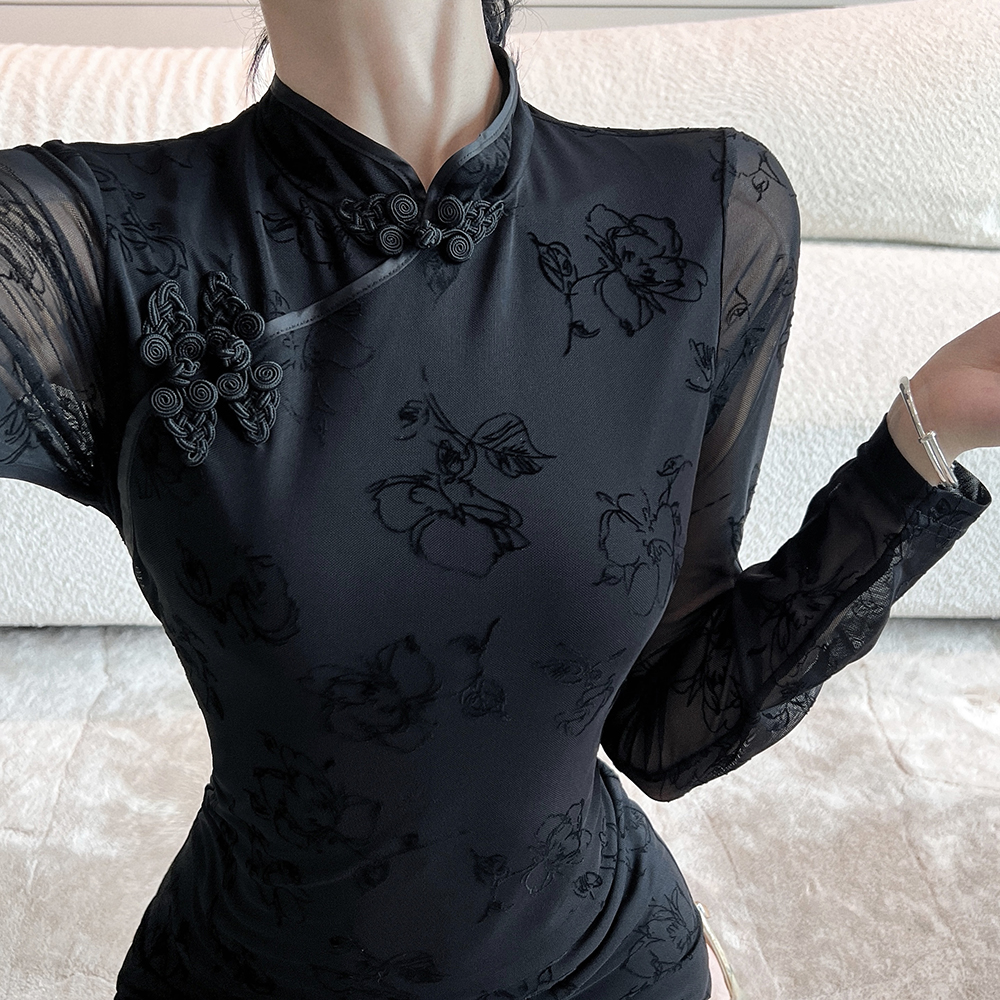 Gauze long sleeve embroidery retro dress for women