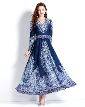 Printing V-neck lace spring court style retro long dress