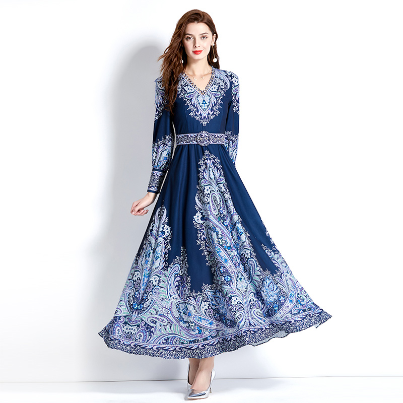 Printing V-neck lace spring court style retro long dress