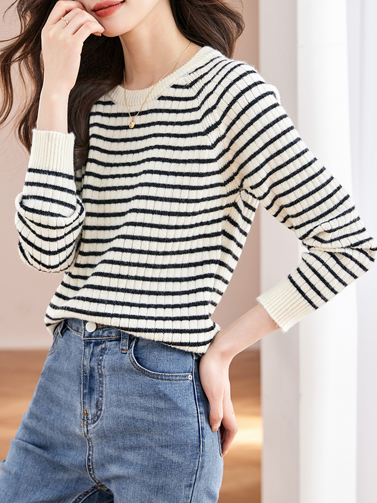 Stripe France style tops wool small shirt for women
