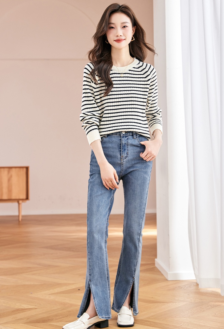 Stripe France style tops wool small shirt for women