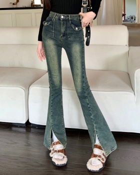 Fleece retro high waist thick elasticity split jeans