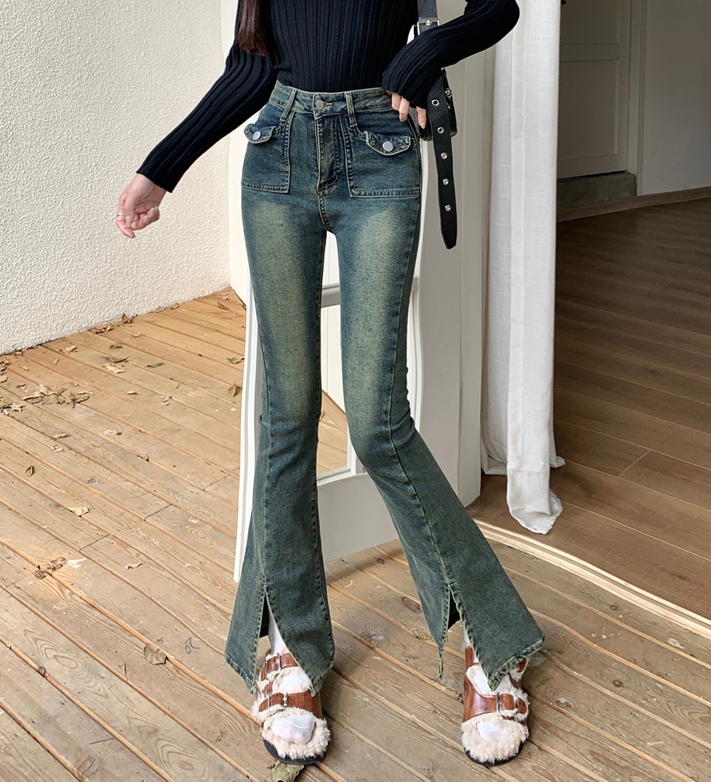Fleece retro high waist thick elasticity split jeans