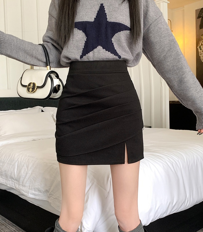 Split fold skirt woolen A-line short skirt for women