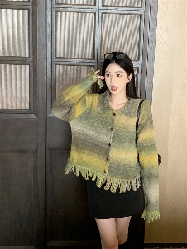 Short tie dye gradient tops knitted mixed colors coat