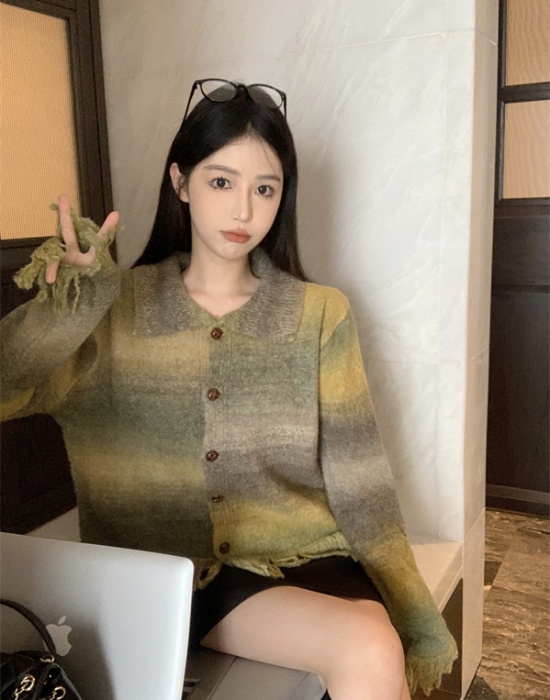 Short tie dye gradient tops knitted mixed colors coat