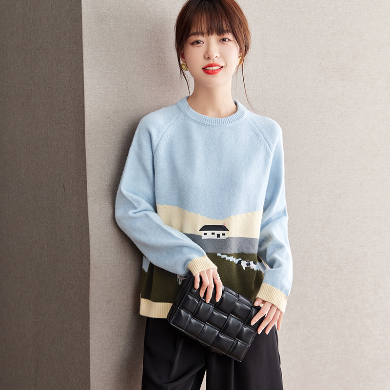 Mixed colors round neck dairy cow jacquard mohair sweater