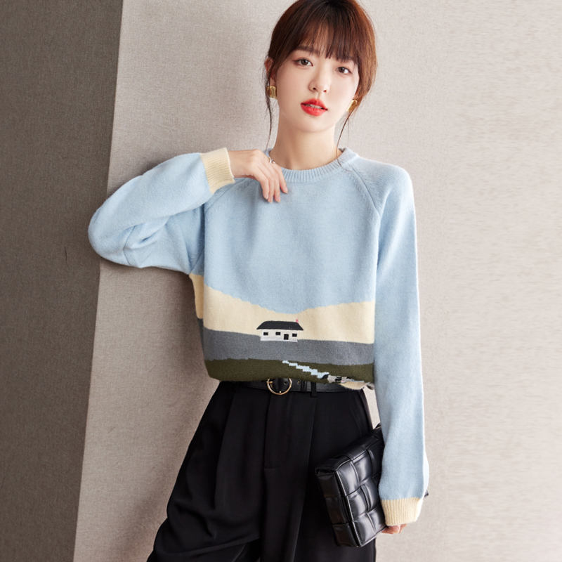 Mixed colors round neck dairy cow jacquard mohair sweater