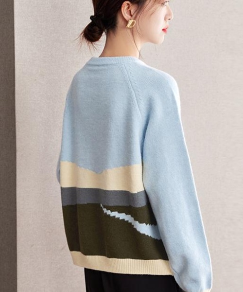 Mixed colors round neck dairy cow jacquard mohair sweater