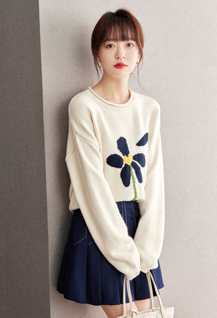 Pullover lazy loose jacquard flowers mixed colors sweater