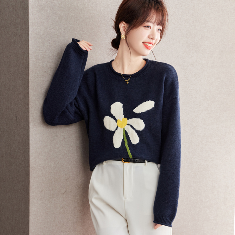 Pullover lazy loose jacquard flowers mixed colors sweater