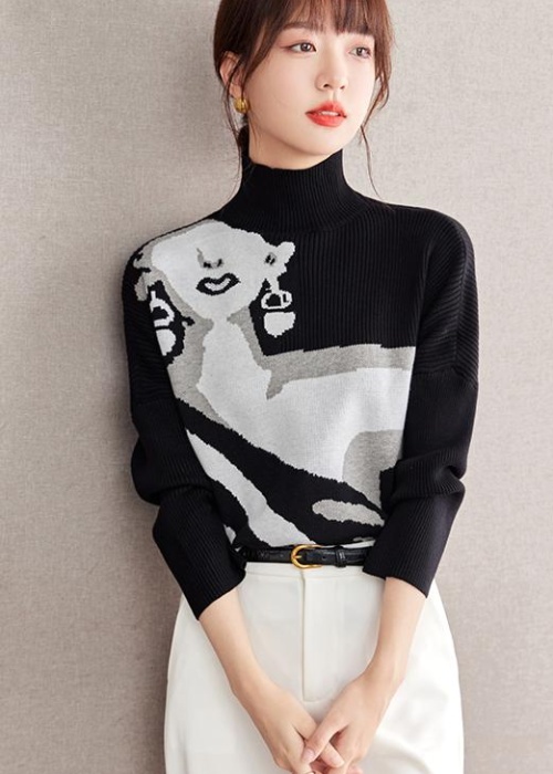 Half high collar lazy niche tops black slim sweater