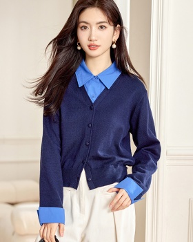 Autumn splice cardigan Pseudo-two knitted tops for women
