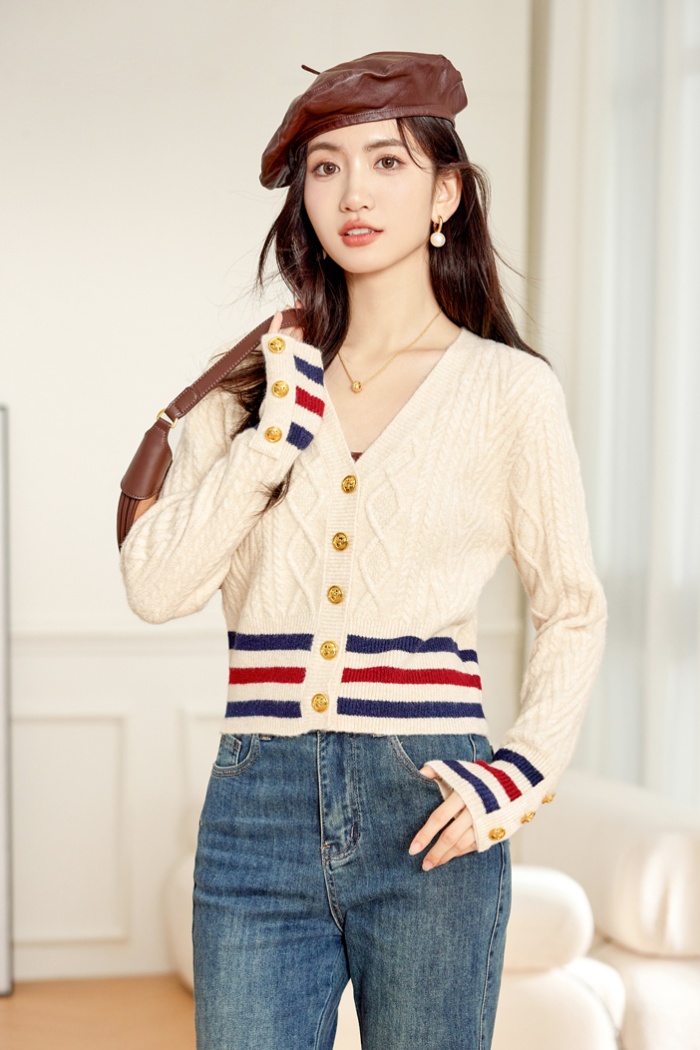 Retro college style sweater mixed colors cardigan for women
