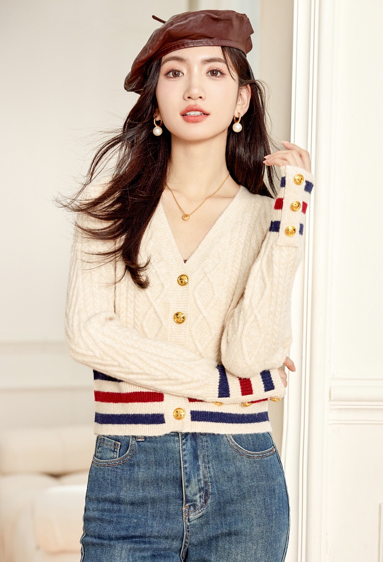Retro college style sweater mixed colors cardigan for women