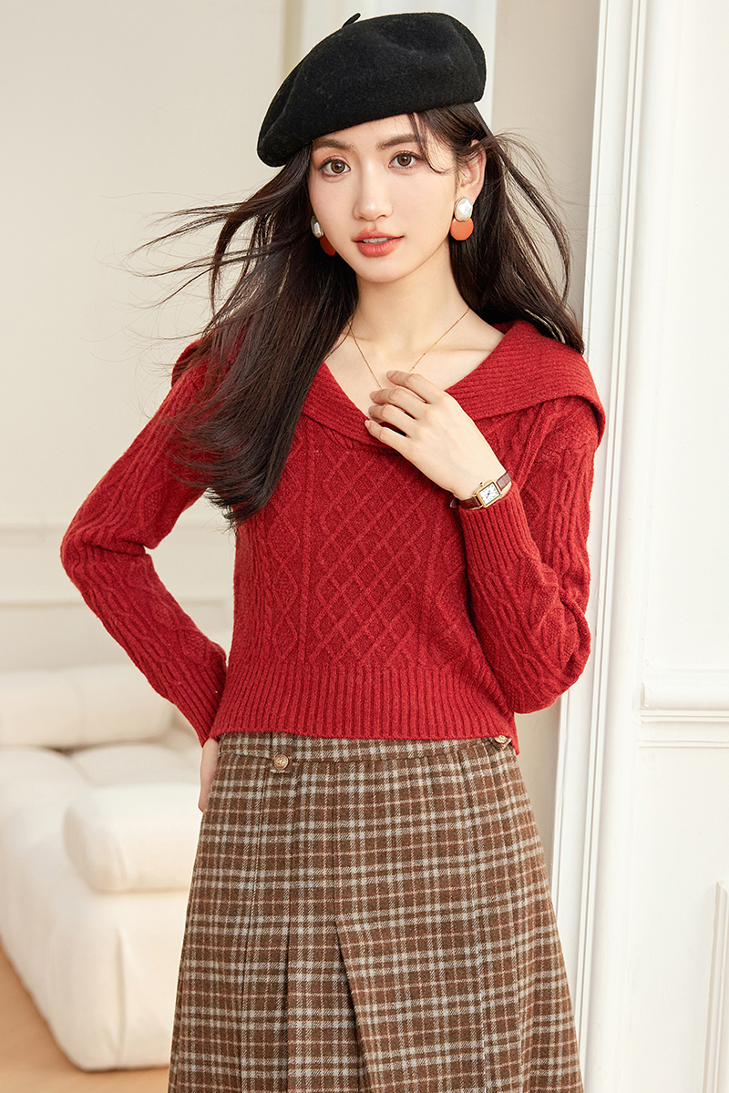 Long sleeve knitted sweater retro tops for women