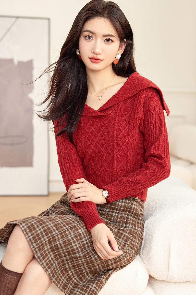 Long sleeve knitted sweater retro tops for women