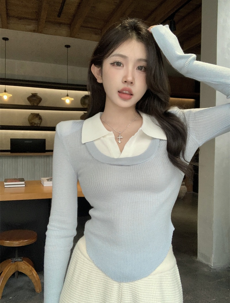 Pseudo-two long sleeve bottoming shirt slim sweater