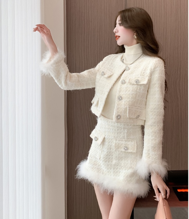 Slim light luxury high waist short skirt elmo splice coat a set