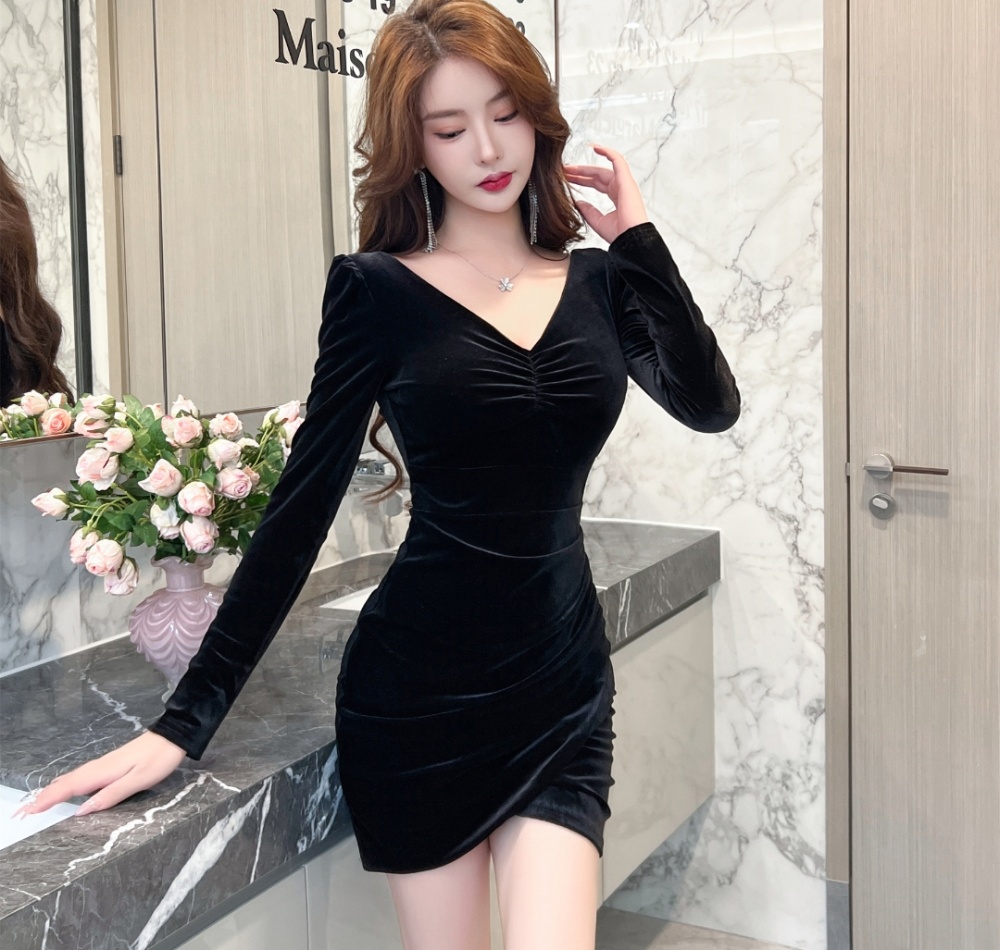 V-neck Hepburn style France style slim dress for women