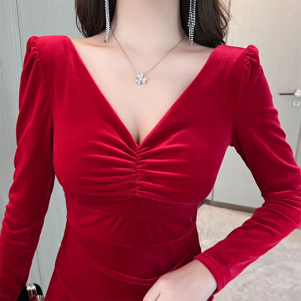 V-neck Hepburn style France style slim dress for women