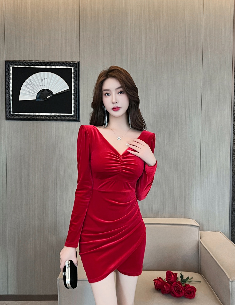 V-neck Hepburn style France style slim dress for women