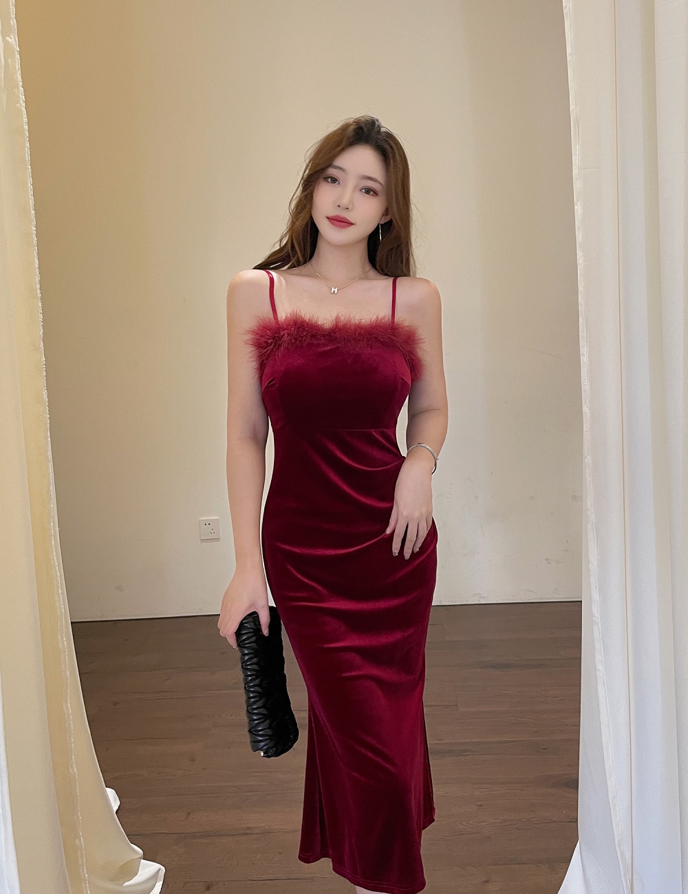 Sexy slim formal dress feather long dress for women