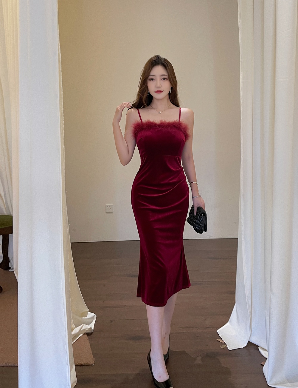 Sexy slim formal dress feather long dress for women