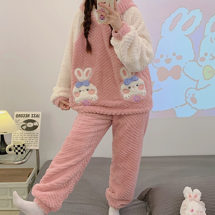 Hooded cartoon lovely pullover pajamas a set for women