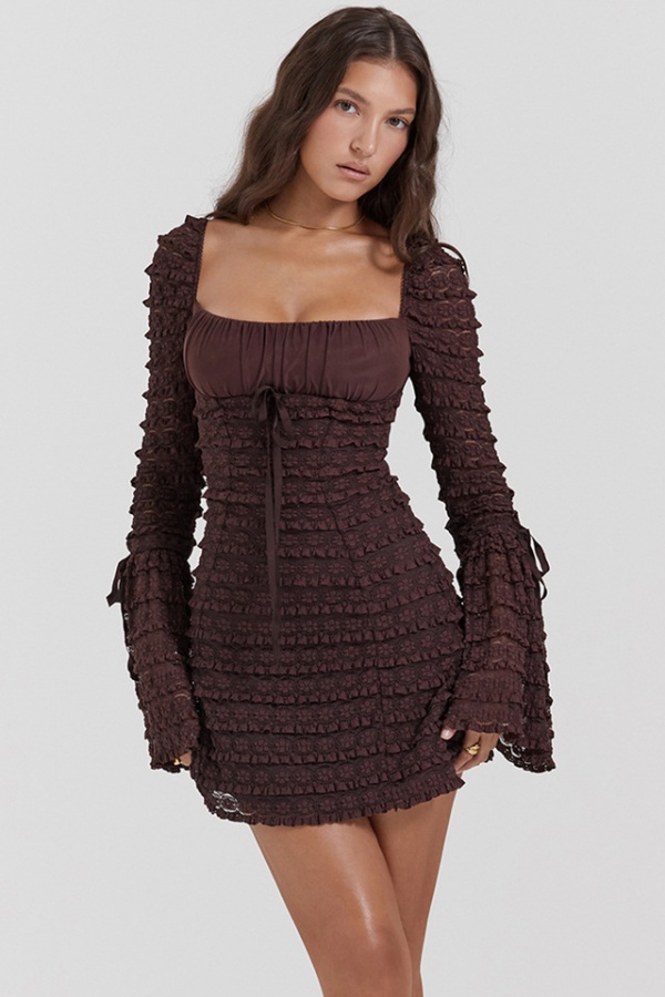 Long sleeve halter square collar lace slim autumn pure dress