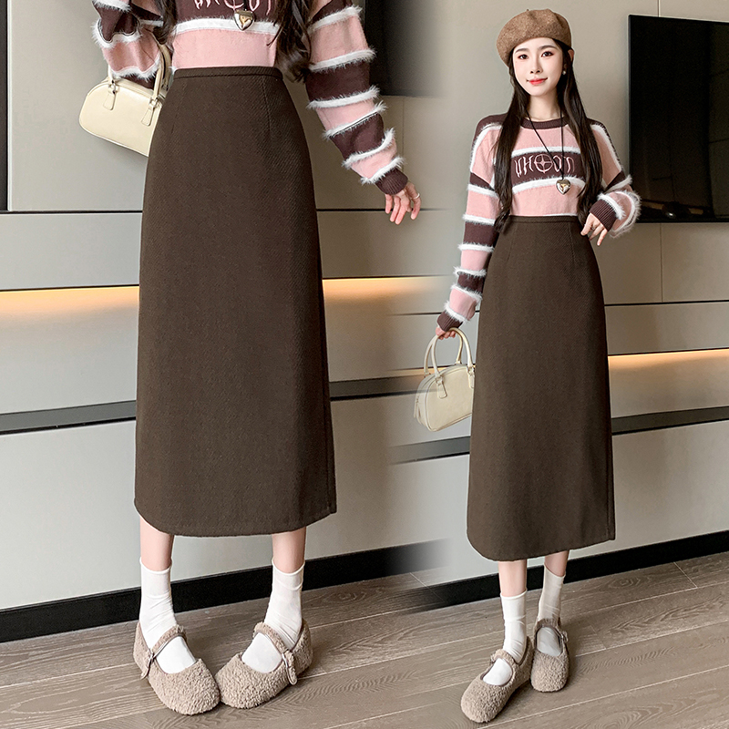 Woolen high waist skirt slim long long dress for women
