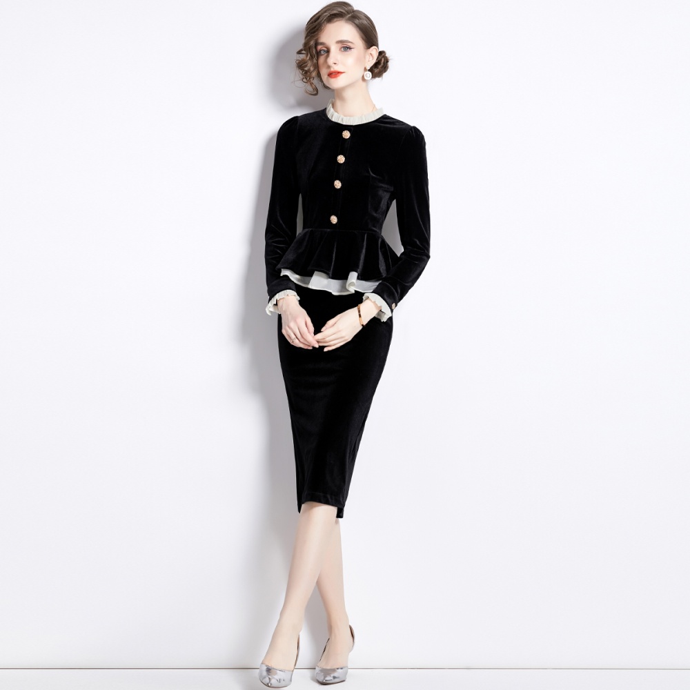 Hepburn style black dress hollow slim formal dress