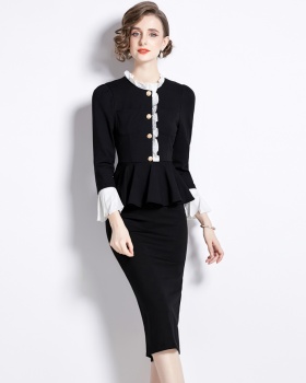 Pseudo-two black long dress pinched waist slim dress for women