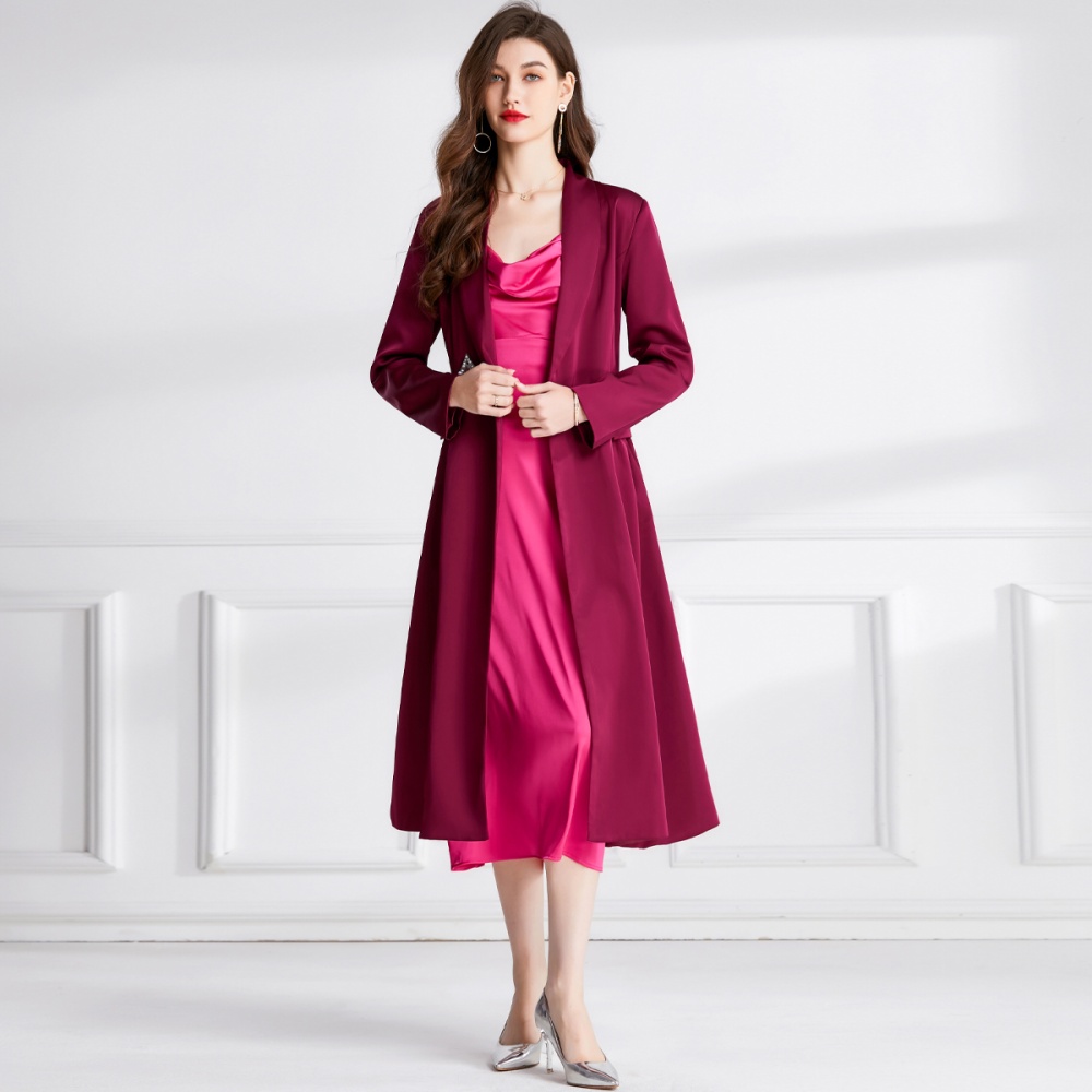 Rose-red overcoat pinched waist coat for women
