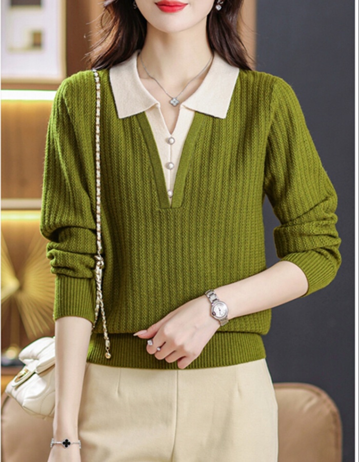 Lapel Pseudo-two sweater middle-aged tops for women
