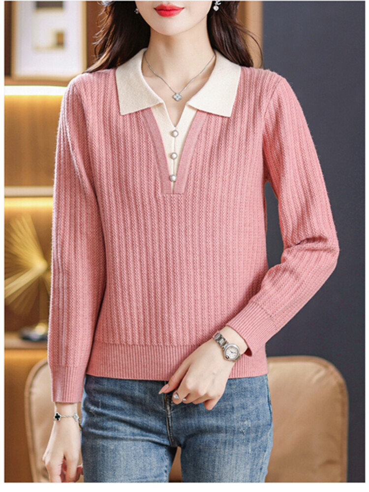 Lapel Pseudo-two sweater middle-aged tops for women