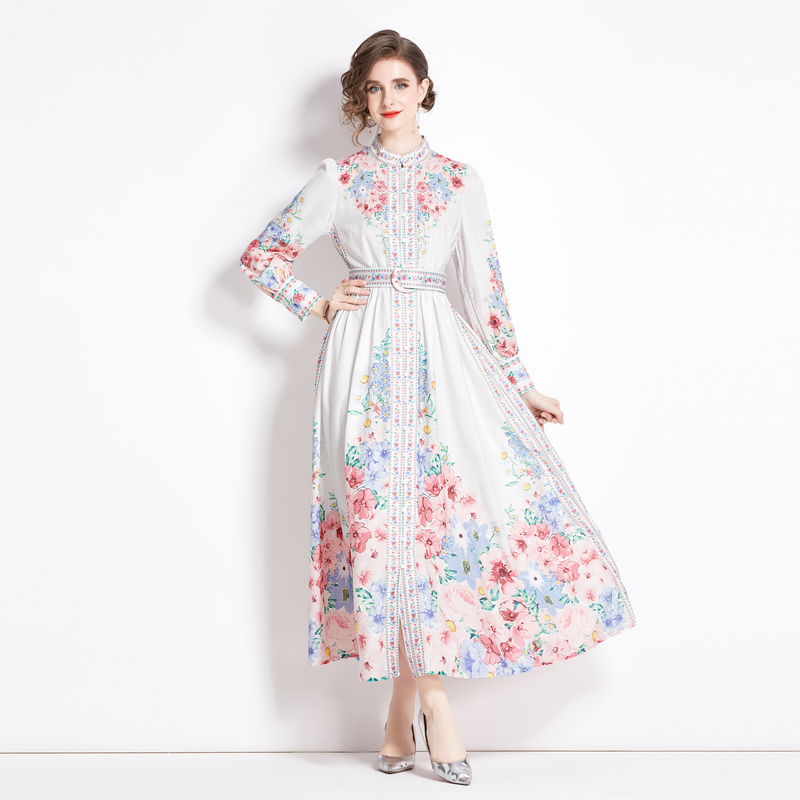 Spring single-breasted dress cstand collar flowers long dress