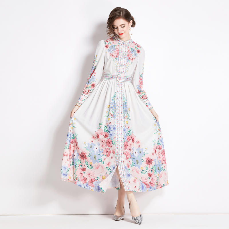 Spring single-breasted dress cstand collar flowers long dress