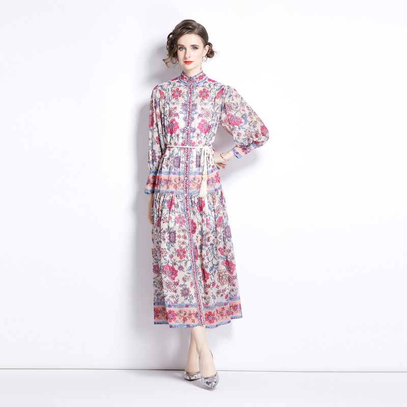 Retro cstand collar national style printing spring dress