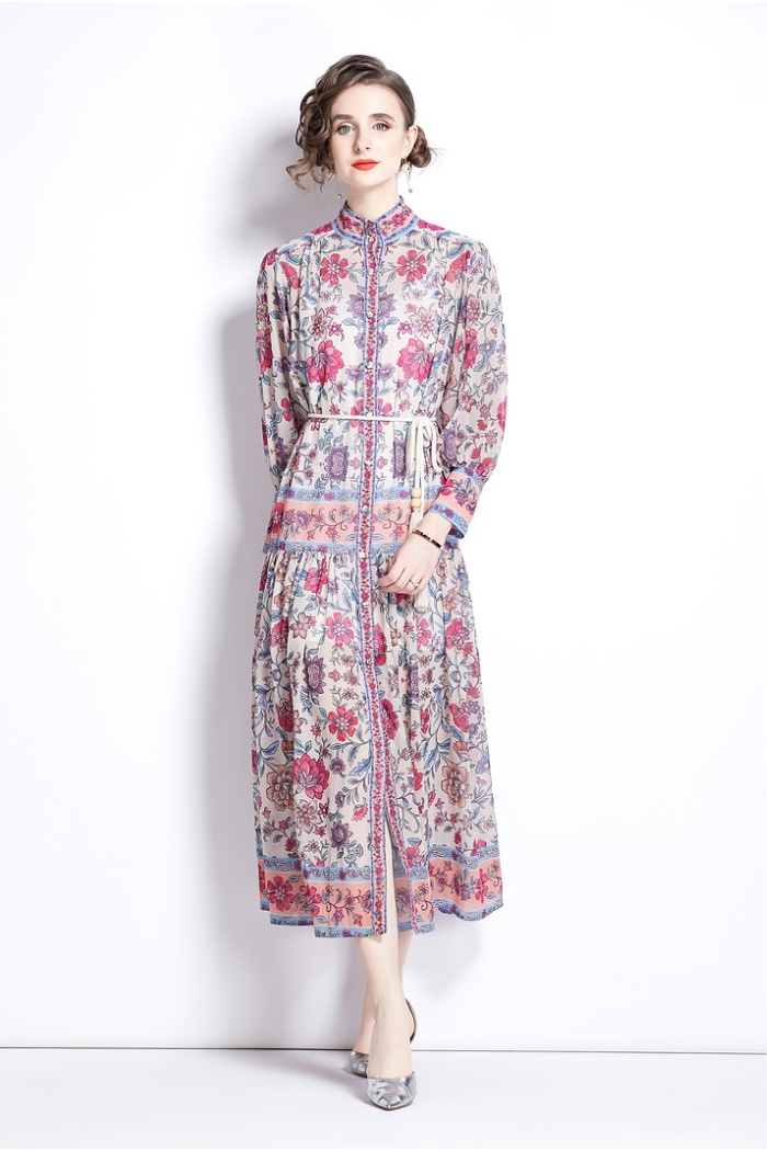 Retro cstand collar national style printing spring dress