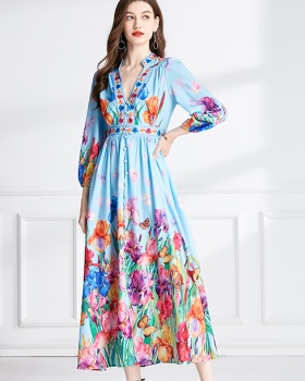 Flax lantern sleeve long dress spring and autumn jumpsuit
