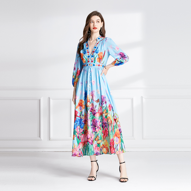 Flax lantern sleeve long dress spring and autumn jumpsuit