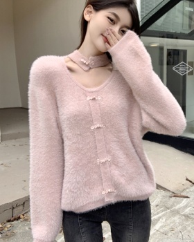 Knitted unique lazy tops halter Chinese style niche sweater