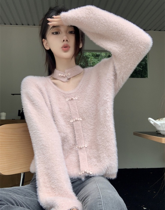 Knitted unique lazy tops halter Chinese style niche sweater