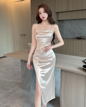 Pinched waist slim dress silk strap dress for women
