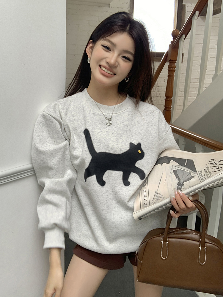Printing autumn and winter hoodie kitty loose tops for women