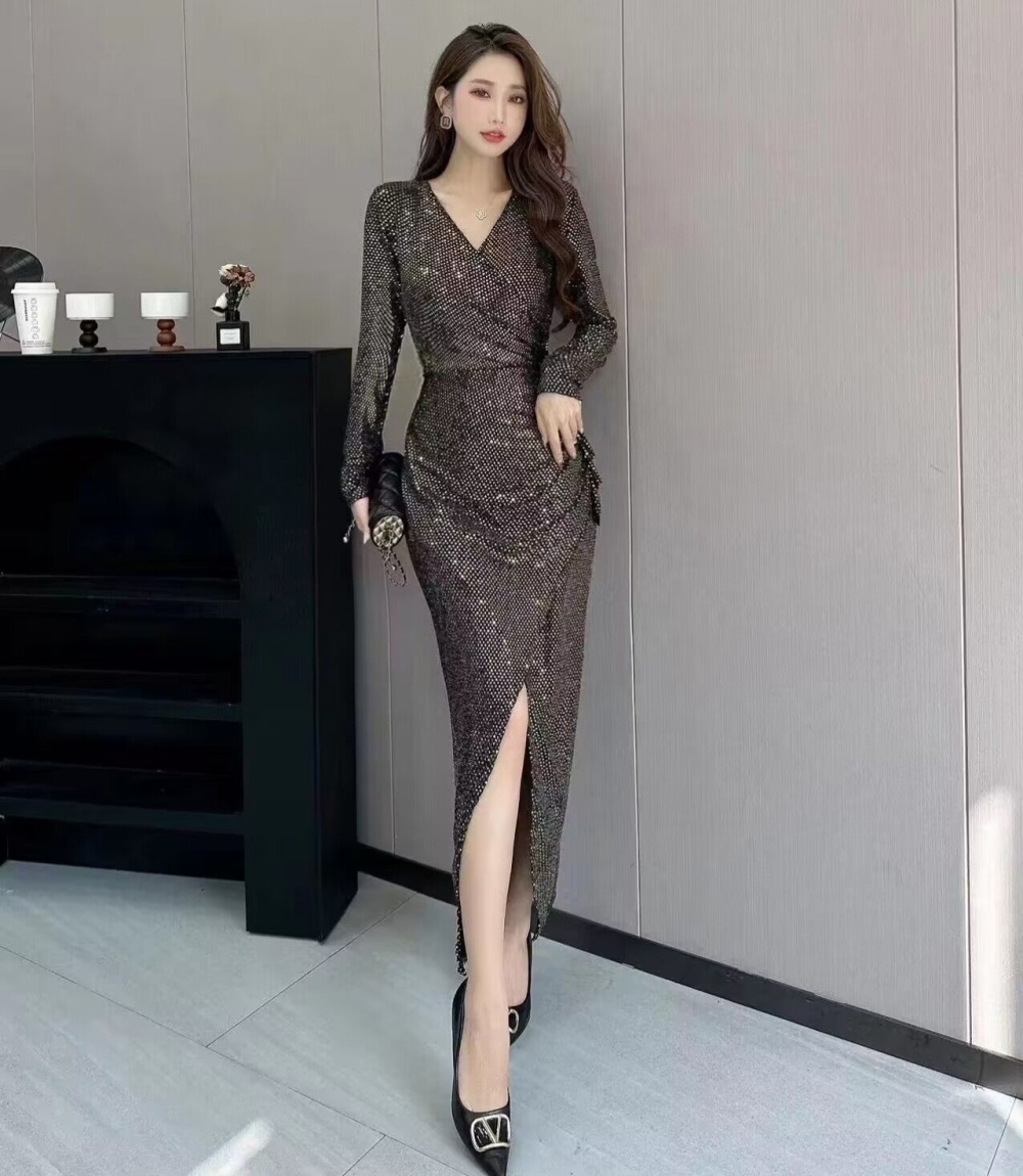 Liangsi elegant long sleeve V-neck split dress