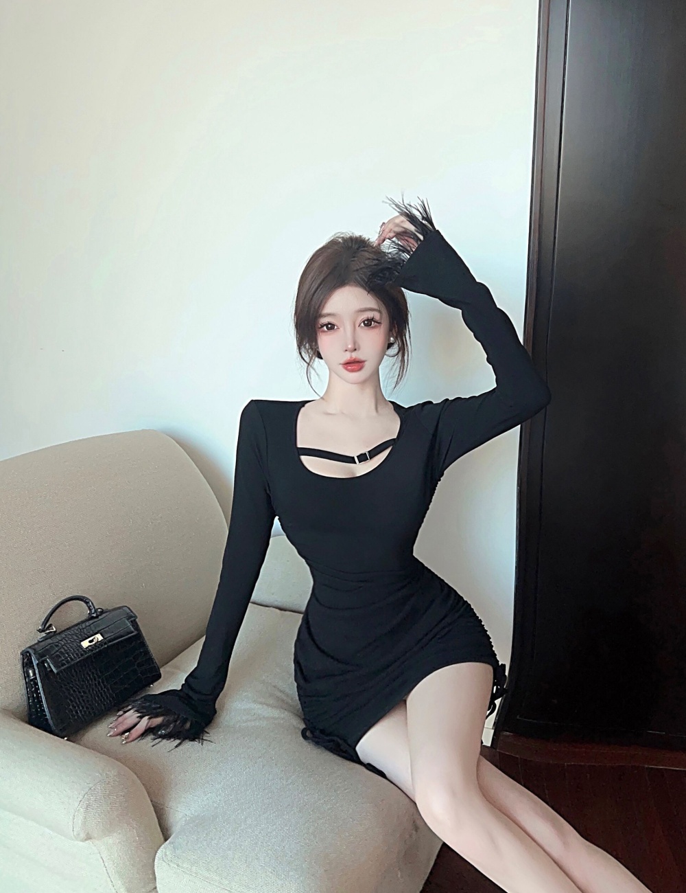 Tight trumpet sleeves cotton package hip high elastic dress