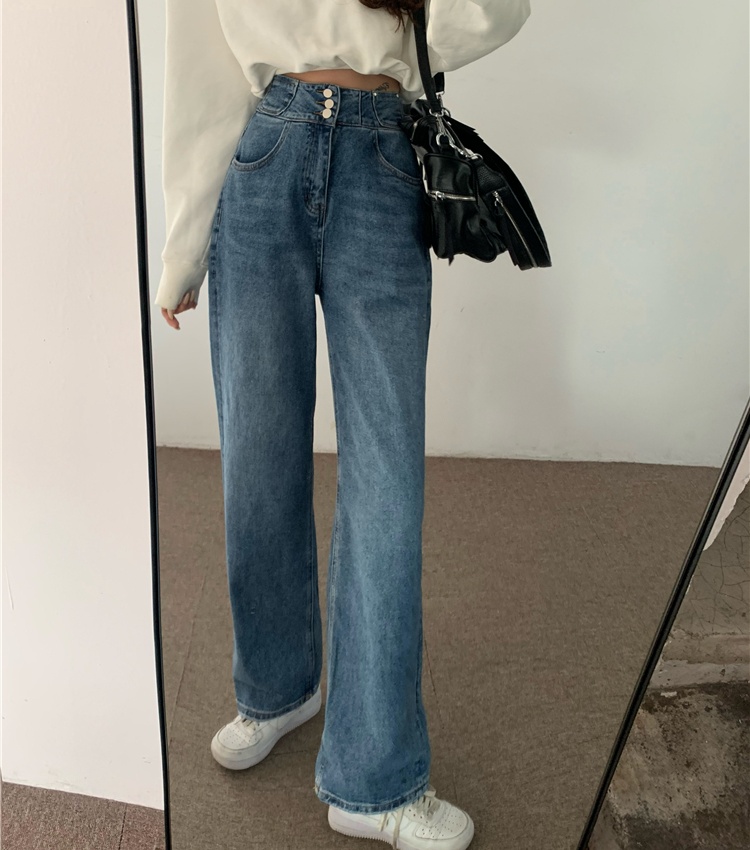 Slim retro wide leg pants loose jeans for women